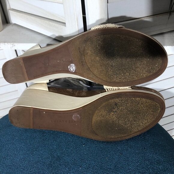 Lucky Brand Wedge Sandal Boho-Chic Macramé Strap Back Zipper Closure Cream 8.5 - Picture 8 of 13